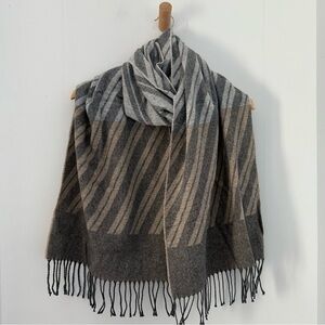 Eileen Fisher neutral stripe cashmere shawl wrap scarf with fringe
